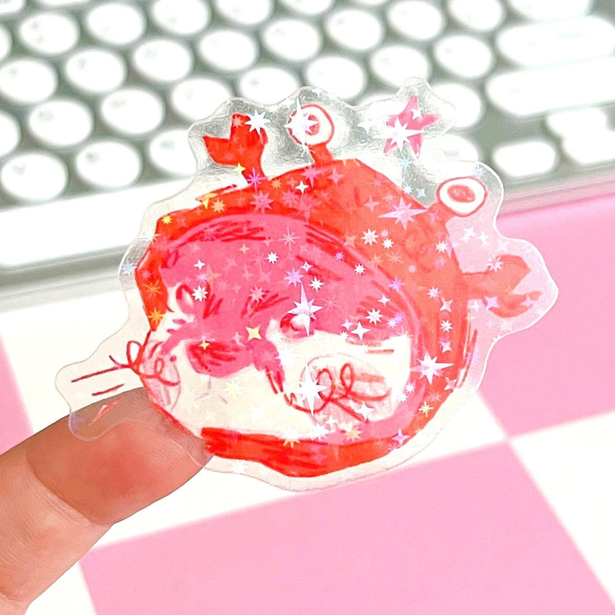 Otter with Crab Hat Pink Clear Glitter Sticker